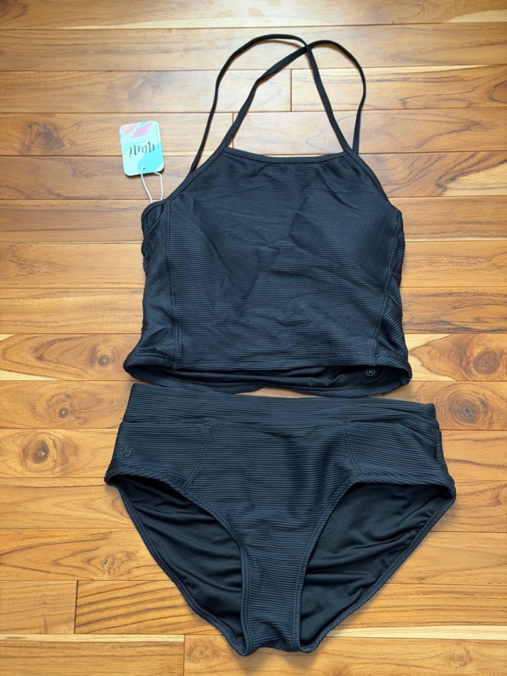 Black Ribbed Tankini Set with High Waist Bikini Bottoms